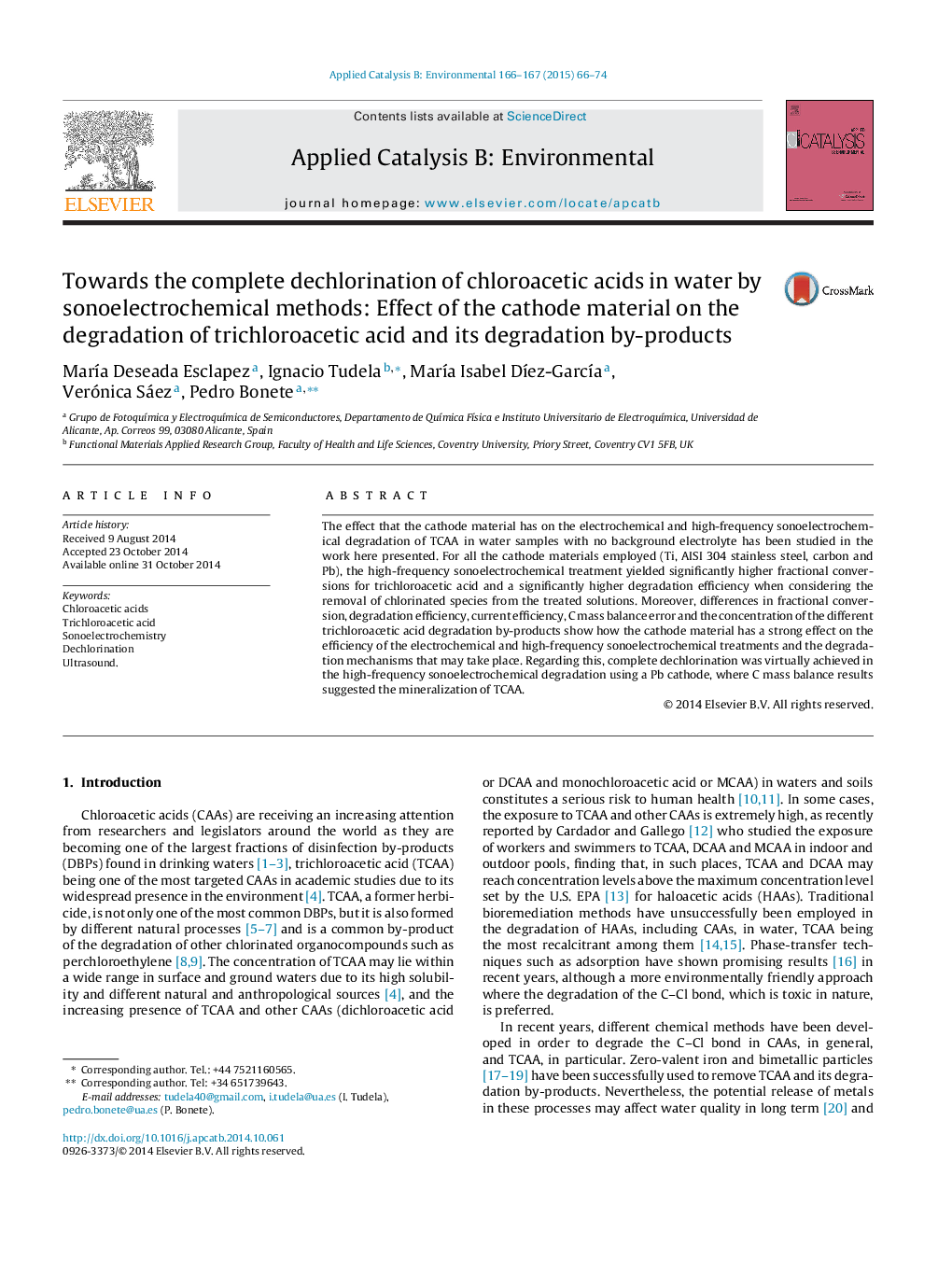 Towards the complete dechlorination of chloroacetic acids in water by sonoelectrochemical methods: Effect of the cathode material on the degradation of trichloroacetic acid and its degradation by-products