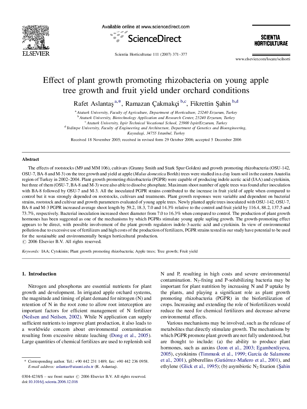 Effect of plant growth promoting rhizobacteria on young apple tree growth and fruit yield under orchard conditions