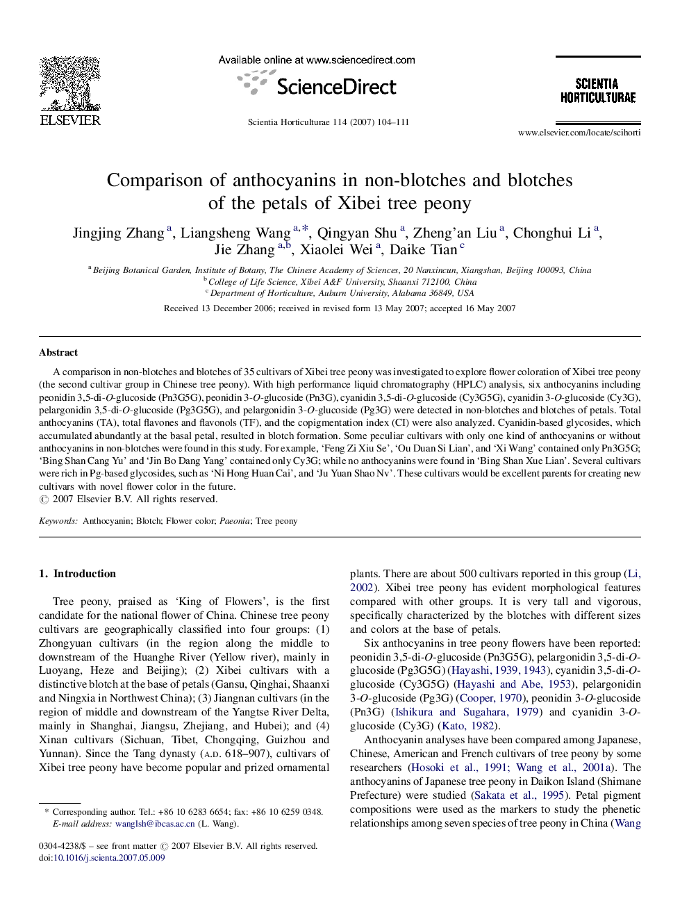 Comparison of anthocyanins in non-blotches and blotches of the petals of Xibei tree peony