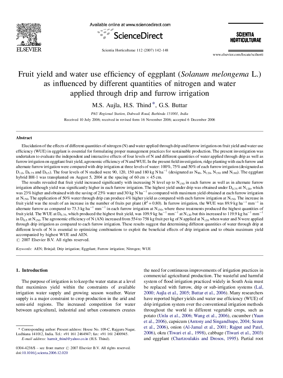 Fruit yield and water use efficiency of eggplant (Solanum melongema L.) as influenced by different quantities of nitrogen and water applied through drip and furrow irrigation