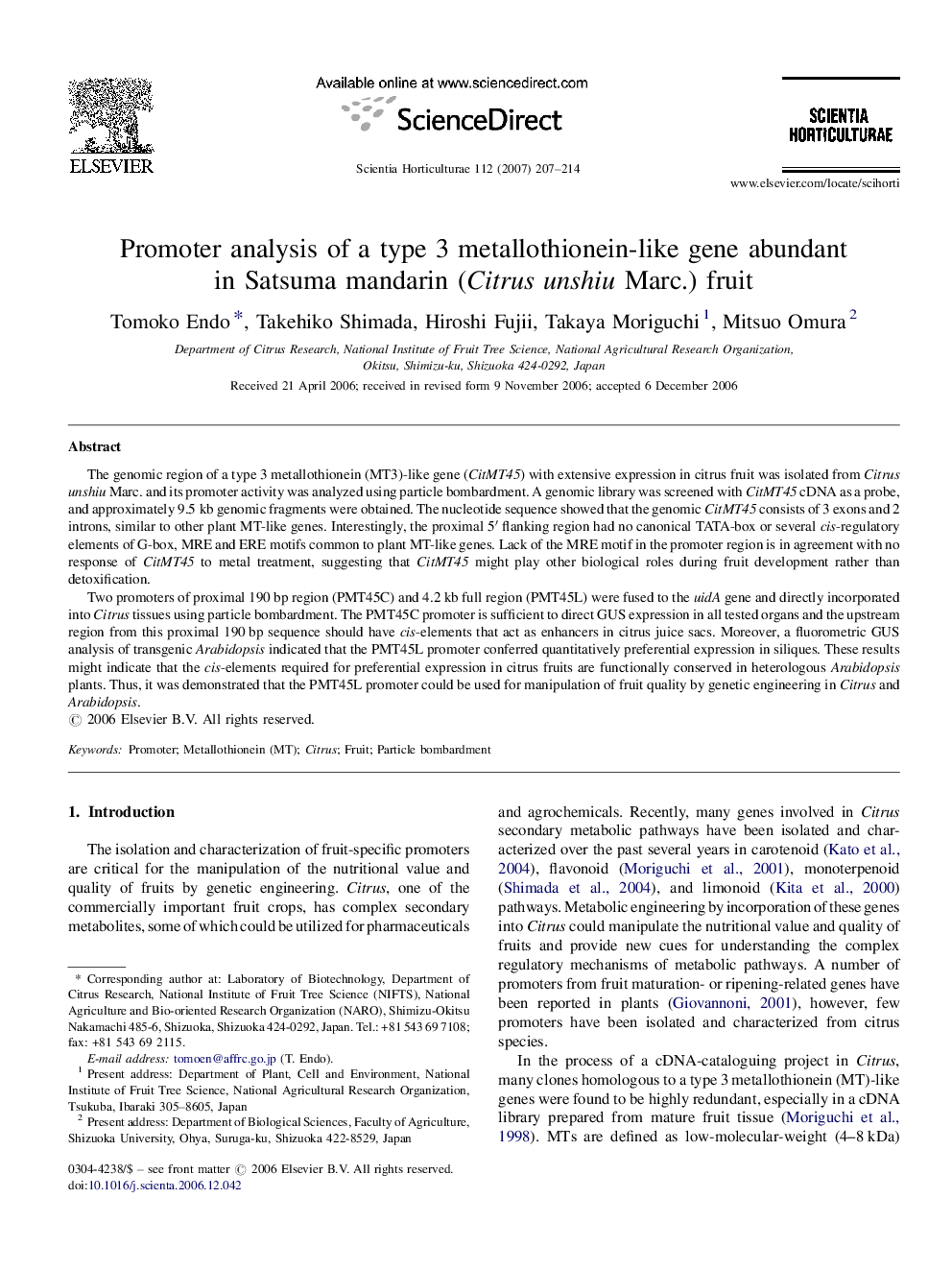 Promoter analysis of a type 3 metallothionein-like gene abundant in Satsuma mandarin (Citrus unshiu Marc.) fruit