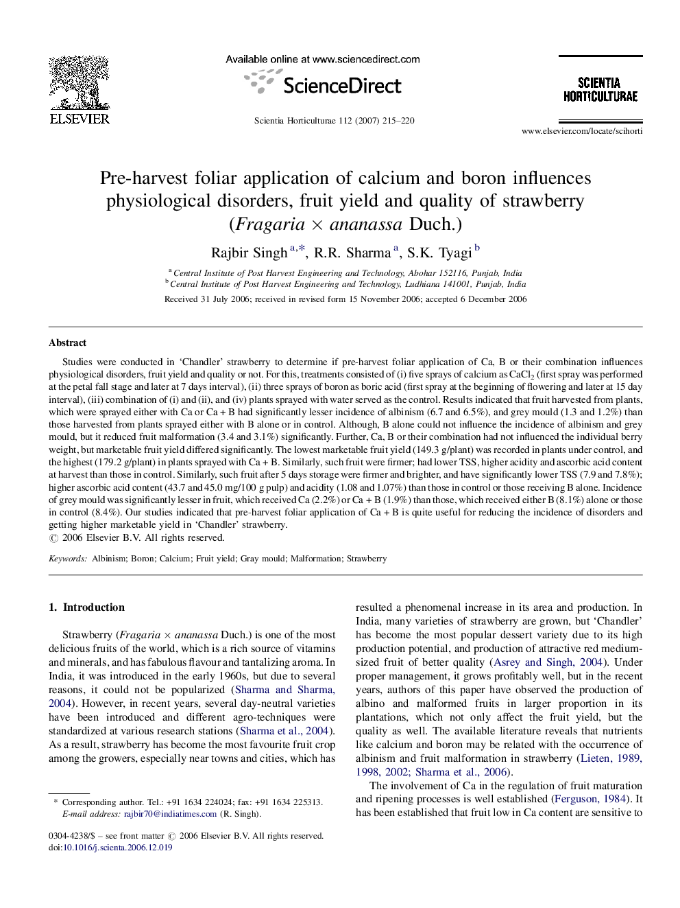 Pre-harvest foliar application of calcium and boron influences physiological disorders, fruit yield and quality of strawberry (Fragaria × ananassa Duch.)