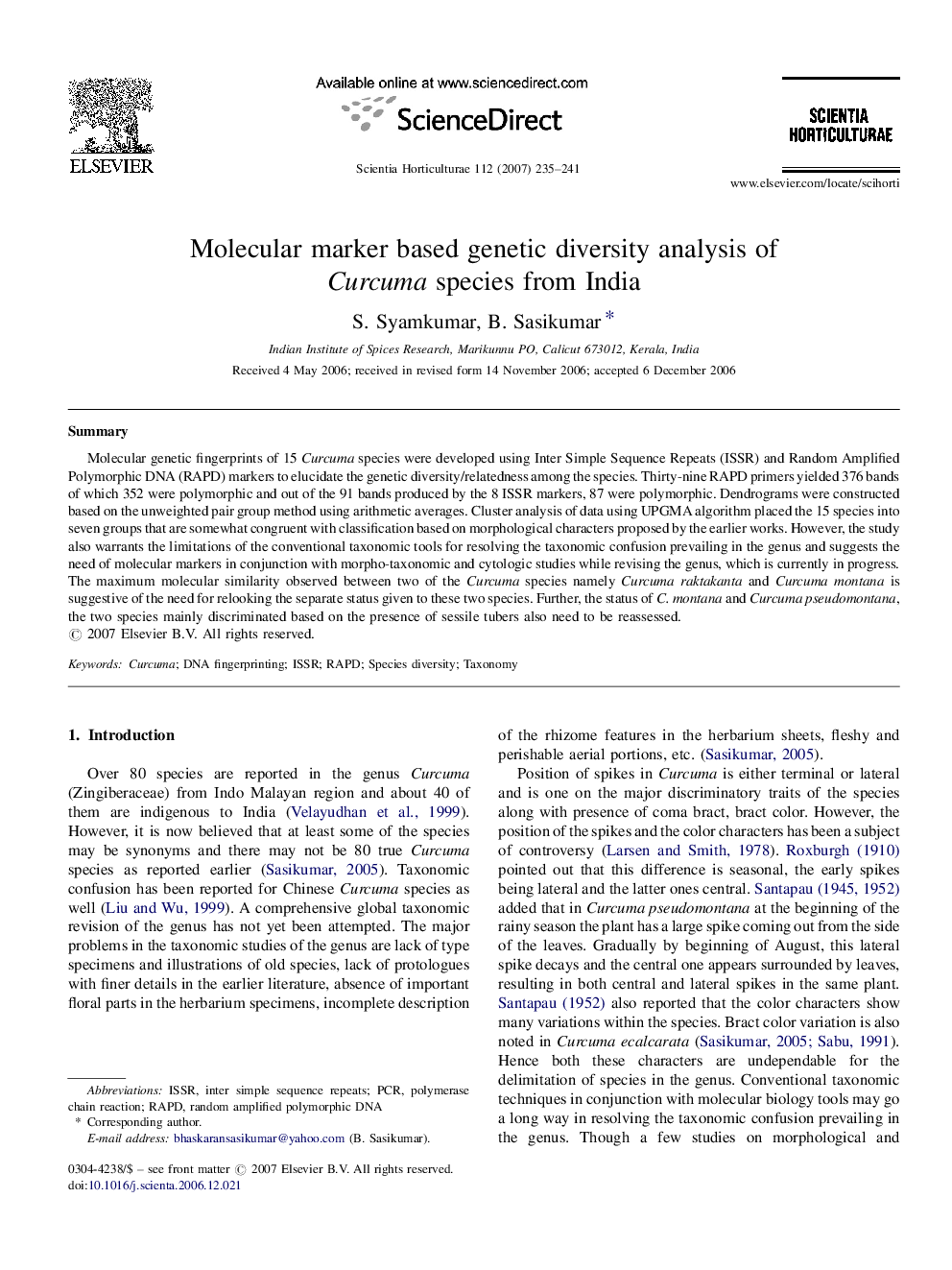 Molecular marker based genetic diversity analysis of Curcuma species from India