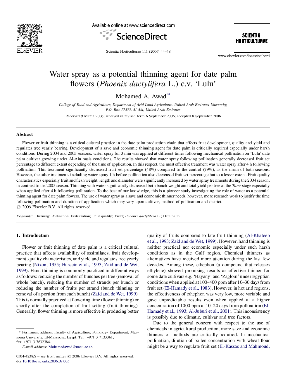 Water spray as a potential thinning agent for date palm flowers (Phoenix dactylifera L.) c.v. ‘Lulu’