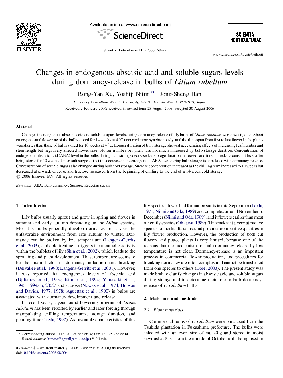 Changes in endogenous abscisic acid and soluble sugars levels during dormancy-release in bulbs of Lilium rubellum