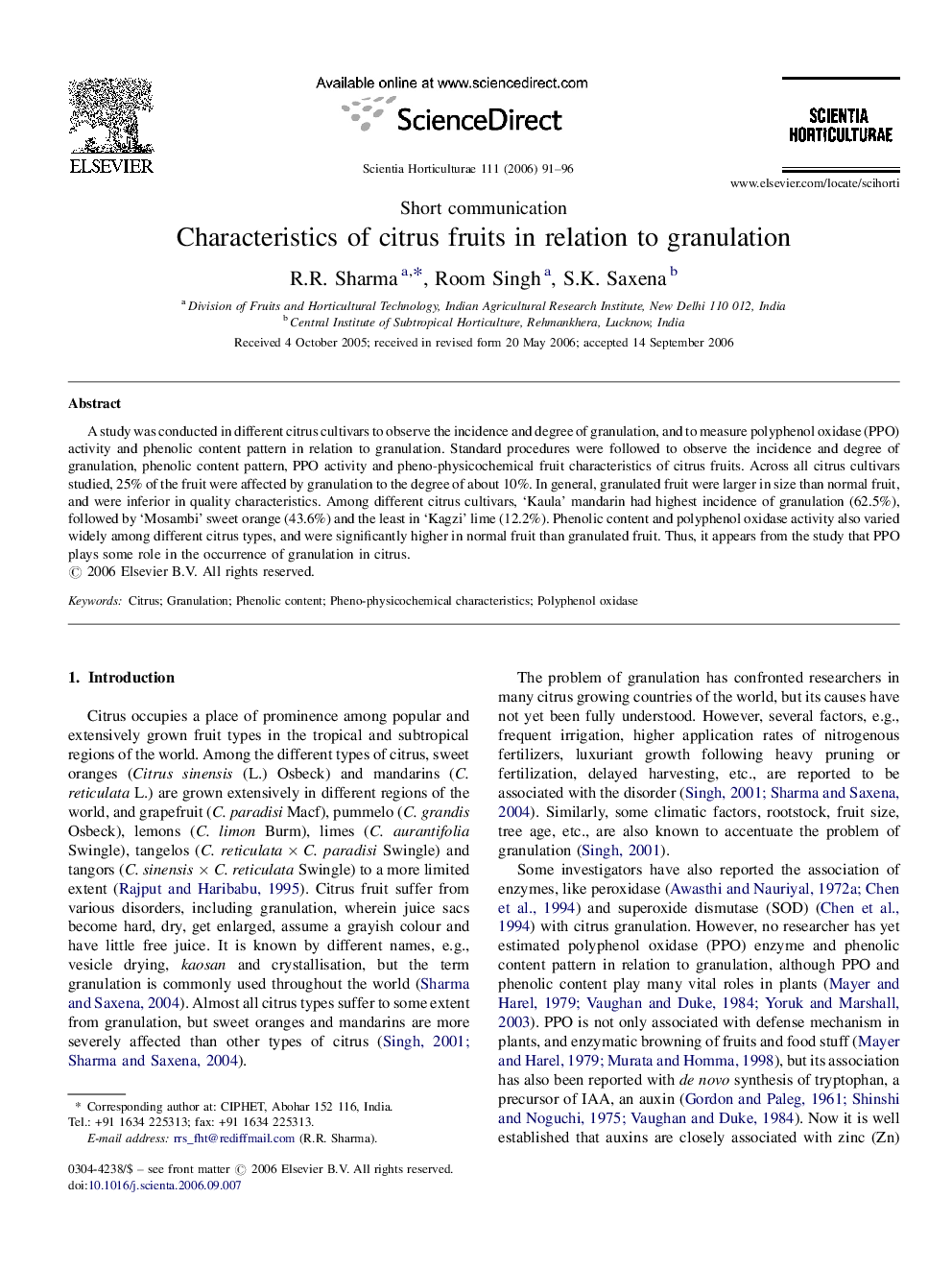 Characteristics of citrus fruits in relation to granulation