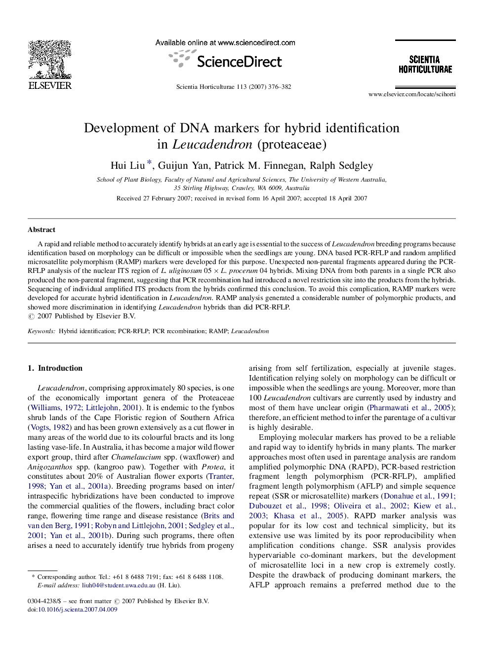 Development of DNA markers for hybrid identification in Leucadendron (proteaceae)