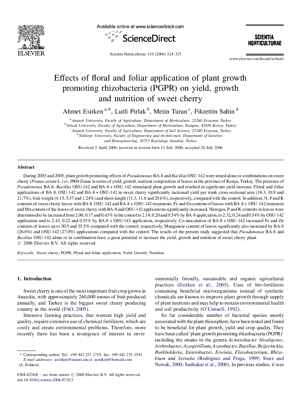 عکس صفحه اول مقاله: Effects of floral and foliar application of plant growth promoting rhizobacteria (PGPR) on yield, growth and nutrition of sweet cherry Effects of floral and foliar application of plant growth promoting rhizobacteria (PGPR) on yield, growth and nutrition of sweet cherry