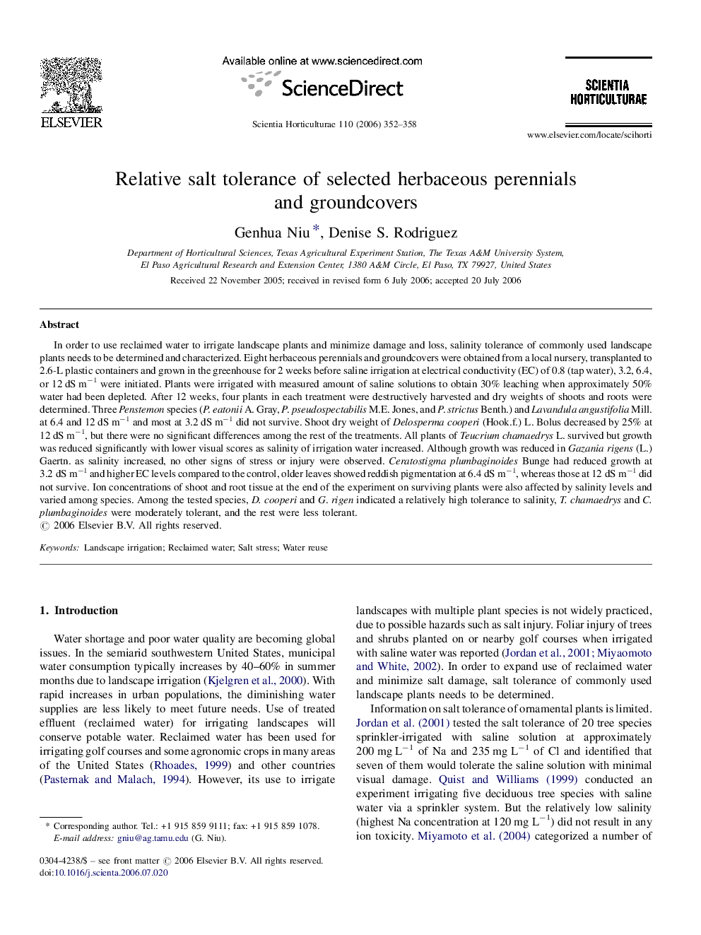 Relative salt tolerance of selected herbaceous perennials and groundcovers