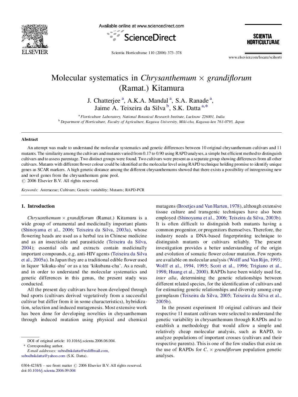 Molecular systematics in Chrysanthemum × grandiflorum (Ramat.) Kitamura