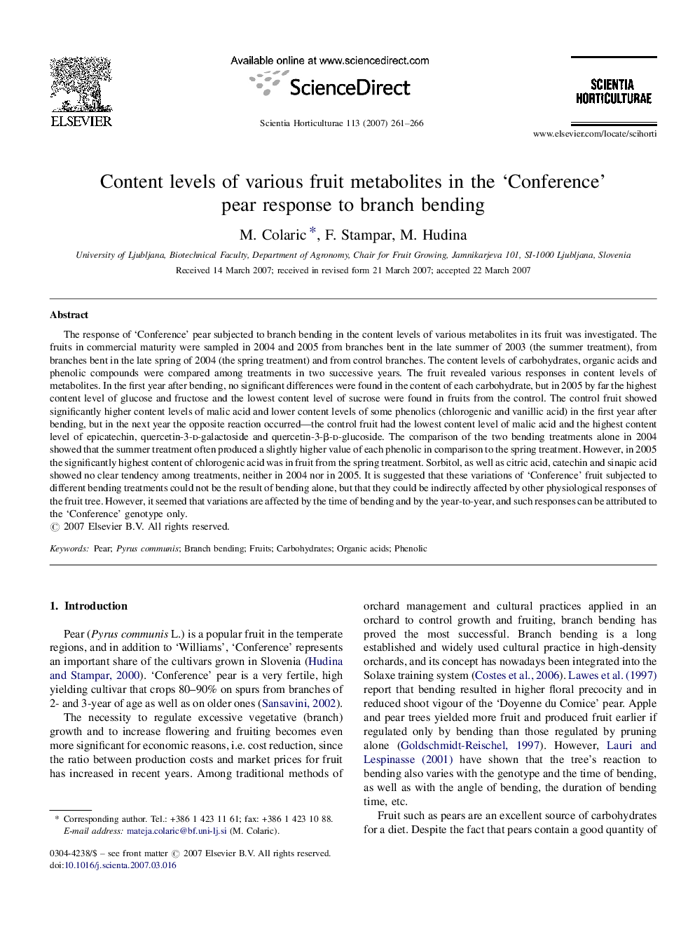 Content levels of various fruit metabolites in the 'Conference' pear response to branch bending