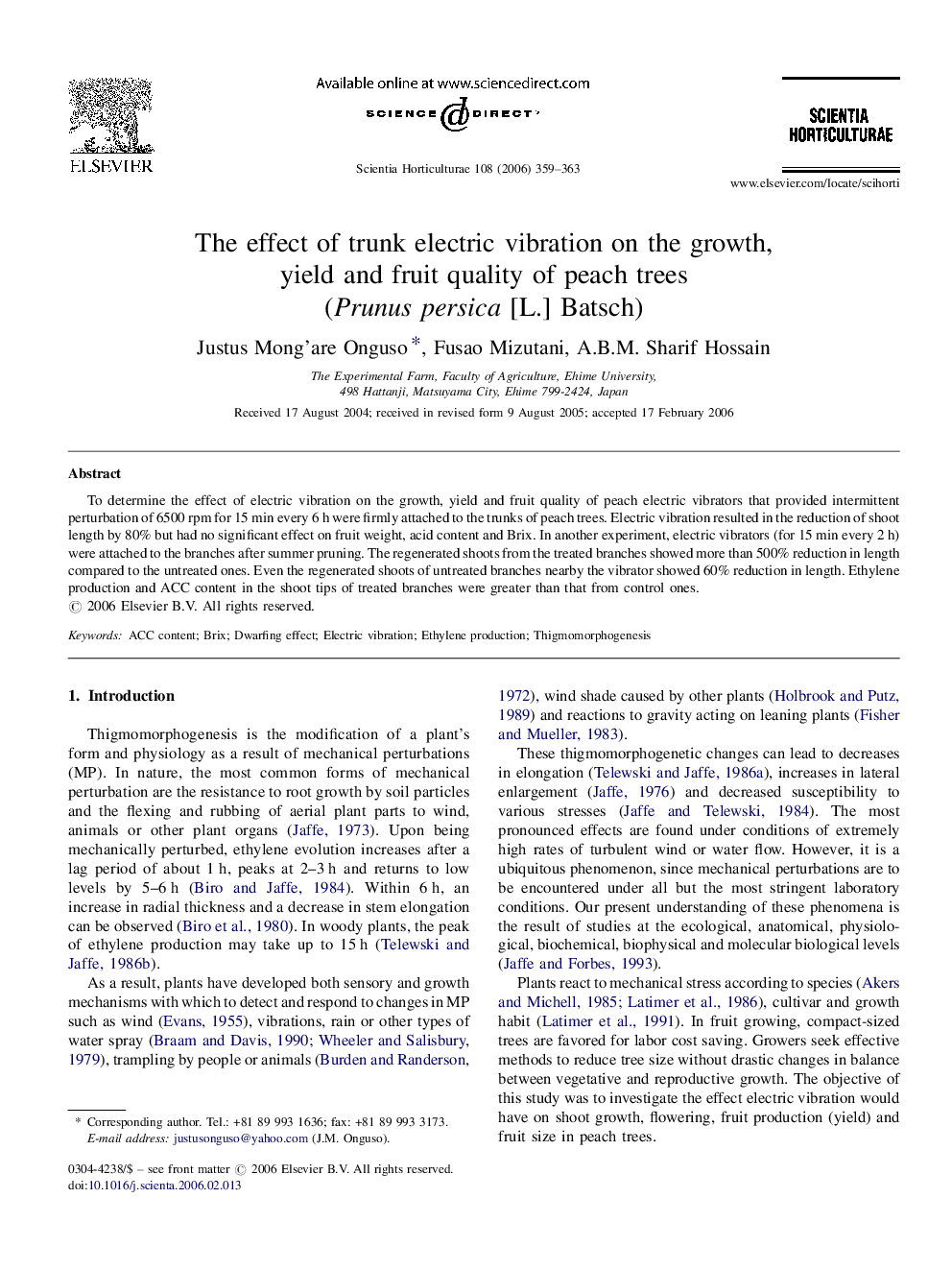 The effect of trunk electric vibration on the growth, yield and fruit quality of peach trees (Prunus persica [L.] Batsch)