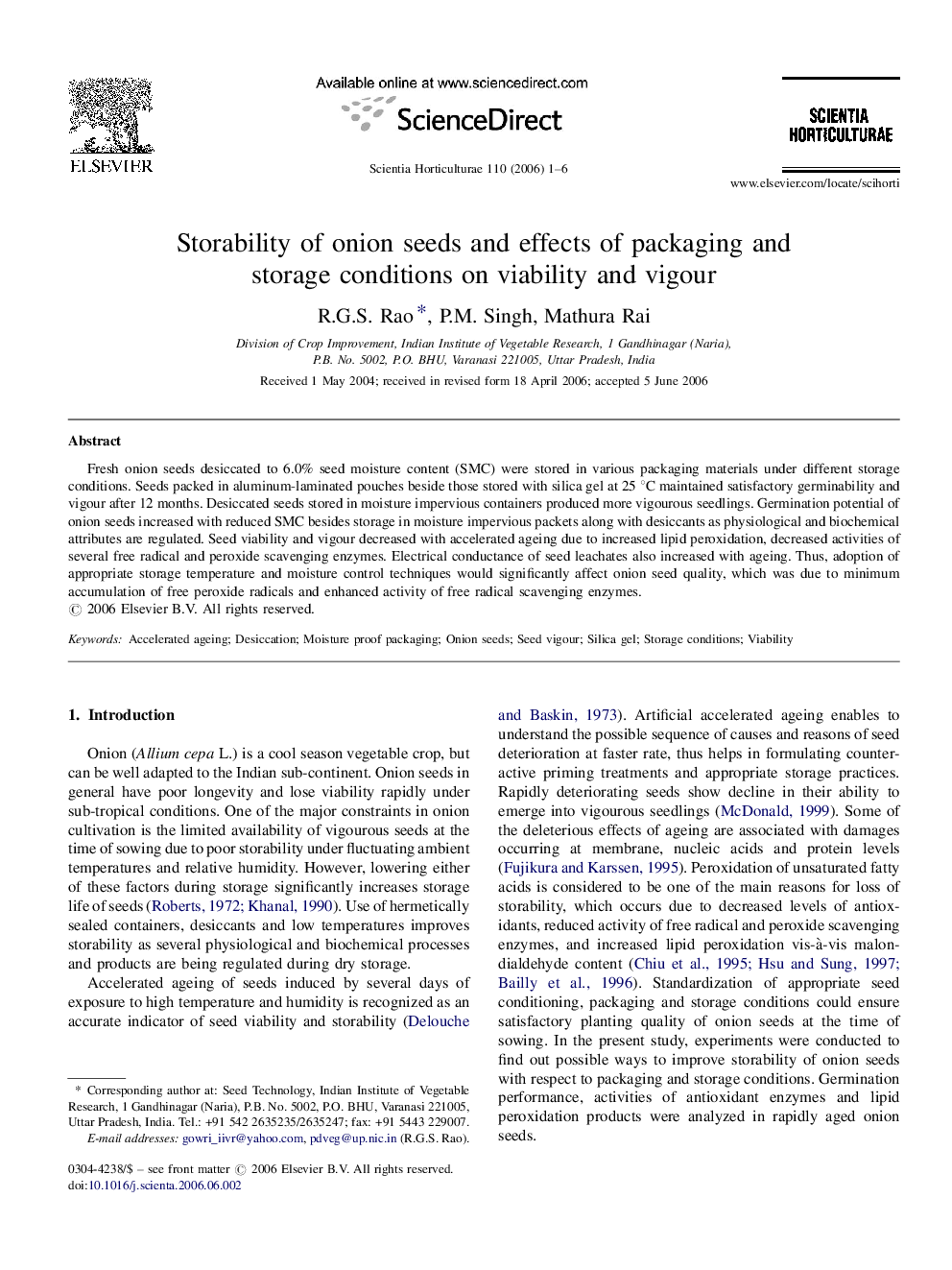 Storability of onion seeds and effects of packaging and storage conditions on viability and vigour