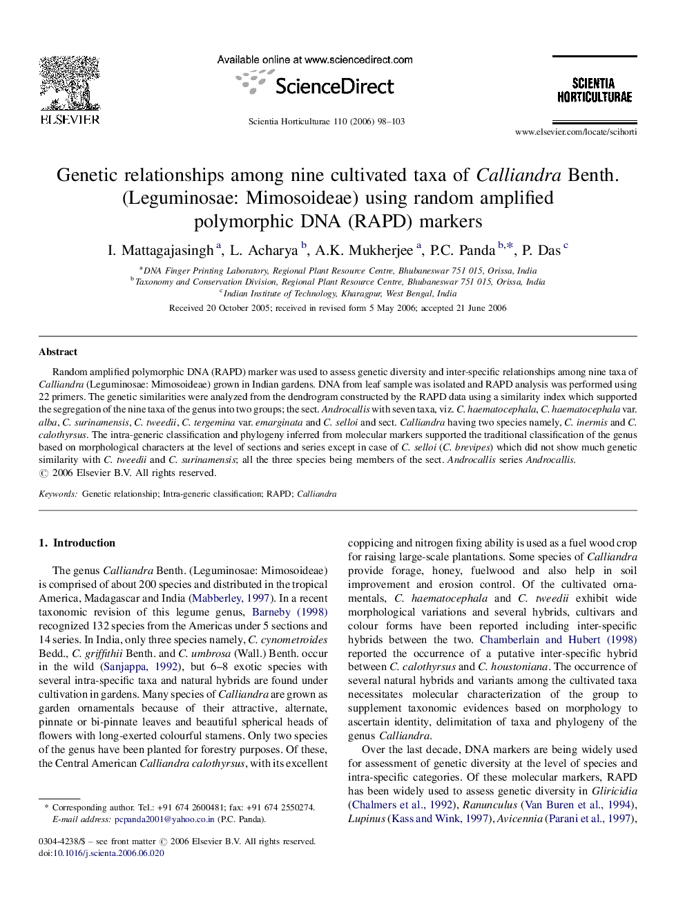 Genetic relationships among nine cultivated taxa of Calliandra Benth. (Leguminosae: Mimosoideae) using random amplified polymorphic DNA (RAPD) markers