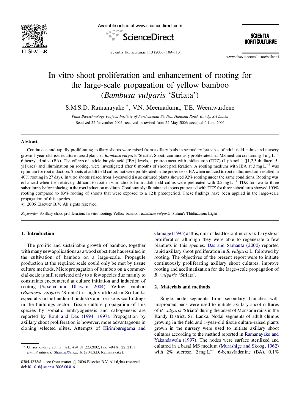 In vitro shoot proliferation and enhancement of rooting for the large-scale propagation of yellow bamboo (Bambusa vulgaris ‘Striata’)