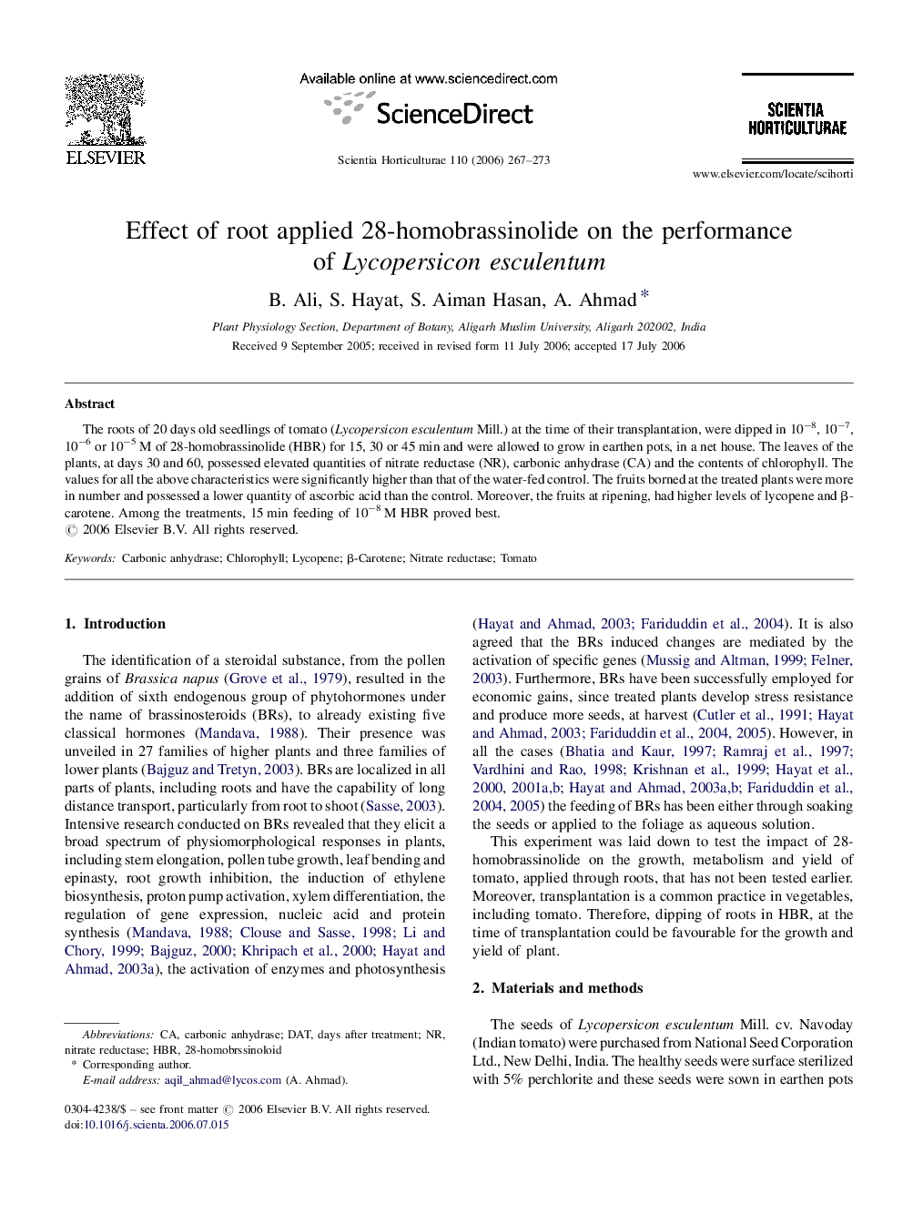 Effect of root applied 28-homobrassinolide on the performance of Lycopersicon esculentum