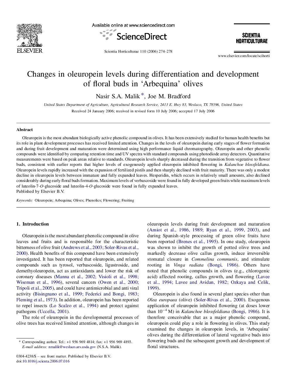 Changes in oleuropein levels during differentiation and development of floral buds in 'Arbequina' olives