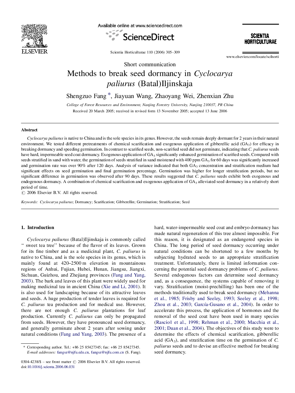 Methods to break seed dormancy in Cyclocarya paliurus (Batal)Iljinskaja