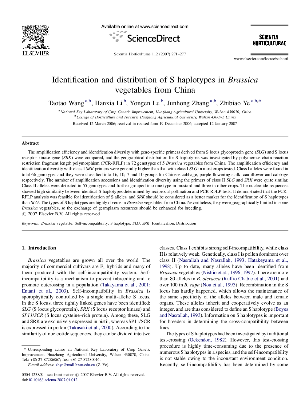 Identification and distribution of S haplotypes in Brassica vegetables from China