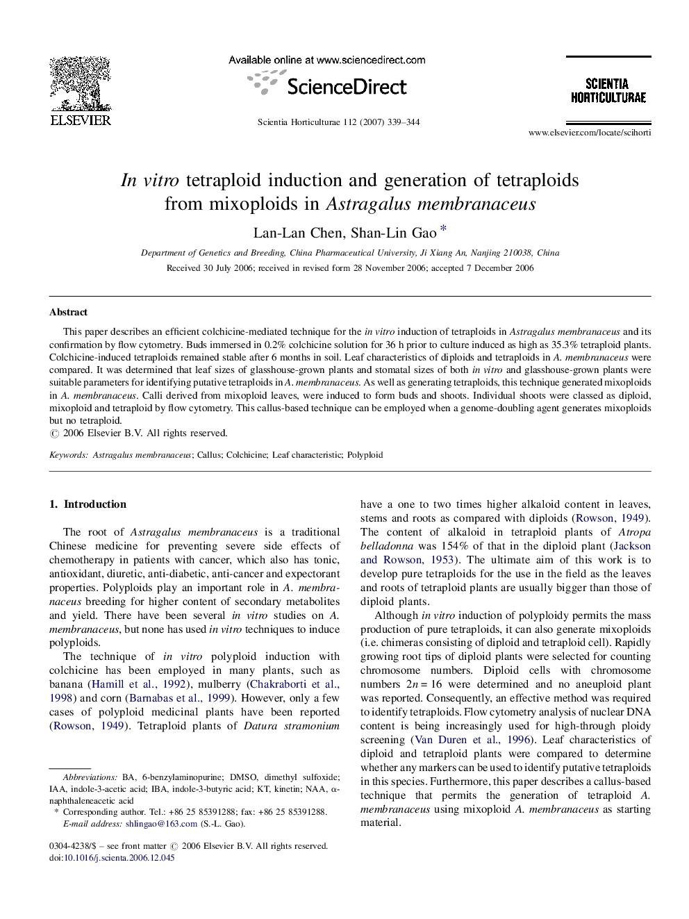 In vitro tetraploid induction and generation of tetraploids from mixoploids in Astragalus membranaceus