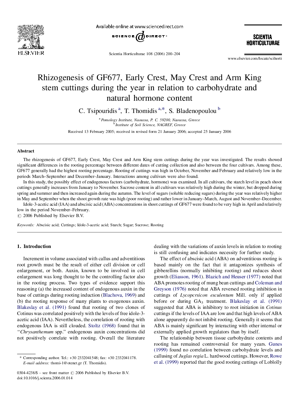 Rhizogenesis of GF677, Early Crest, May Crest and Arm King stem cuttings during the year in relation to carbohydrate and natural hormone content