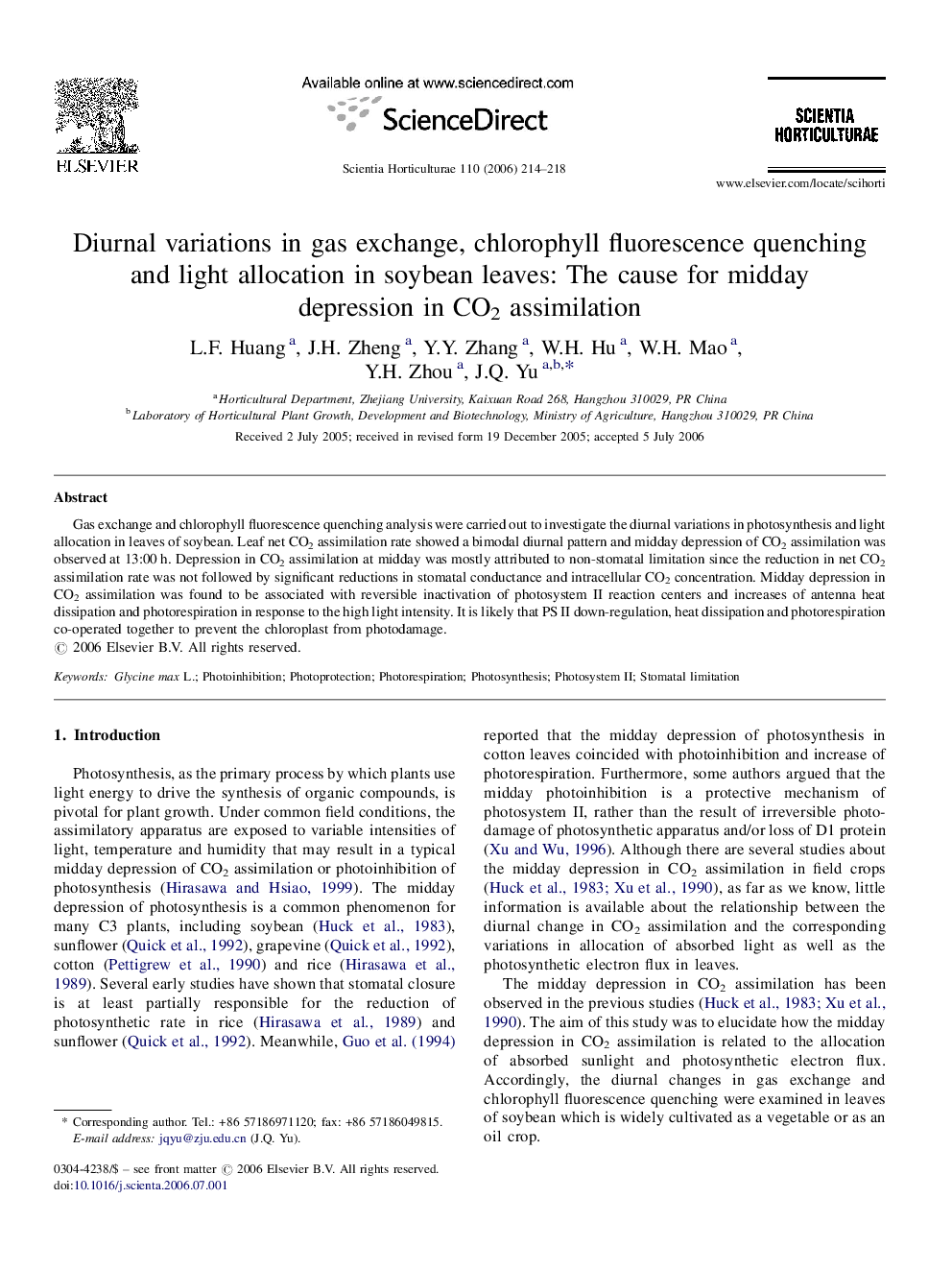 Diurnal variations in gas exchange, chlorophyll fluorescence quenching and light allocation in soybean leaves: The cause for midday depression in CO2 assimilation