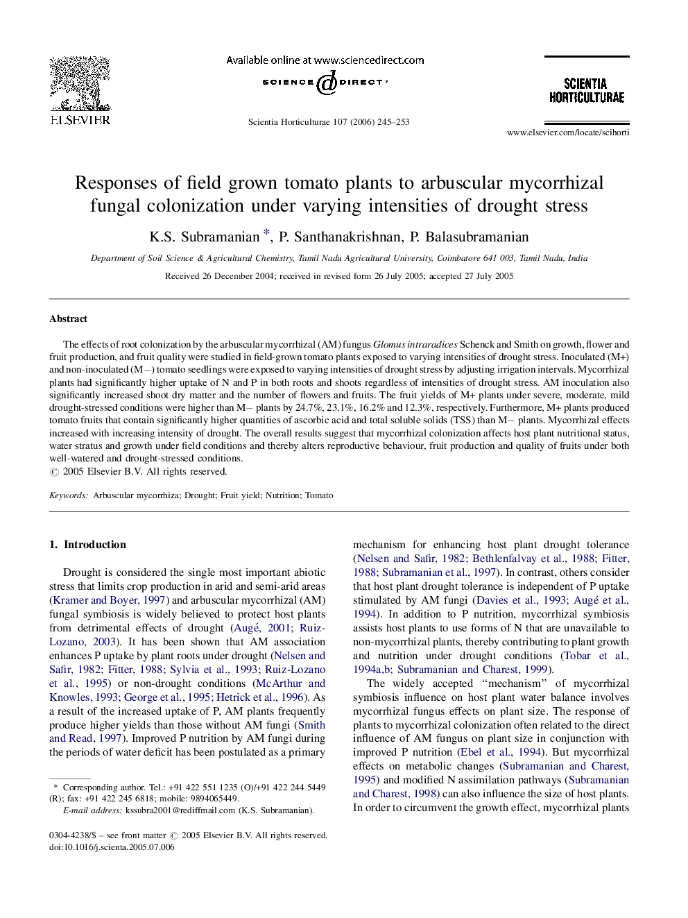 Responses of field grown tomato plants to arbuscular mycorrhizal fungal colonization under varying intensities of drought stress