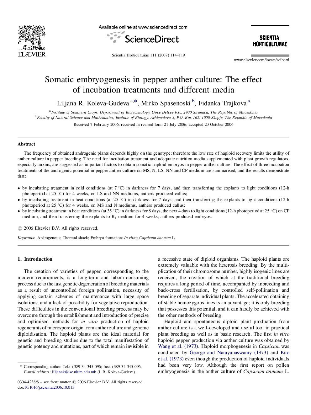 Somatic embryogenesis in pepper anther culture: The effect of incubation treatments and different media