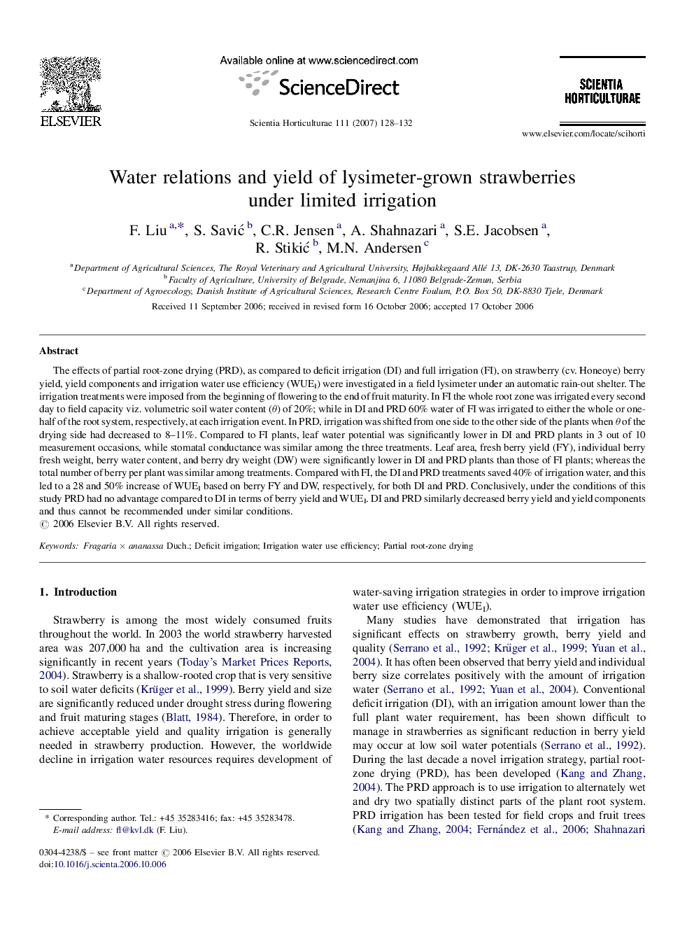 Water relations and yield of lysimeter-grown strawberries under limited irrigation