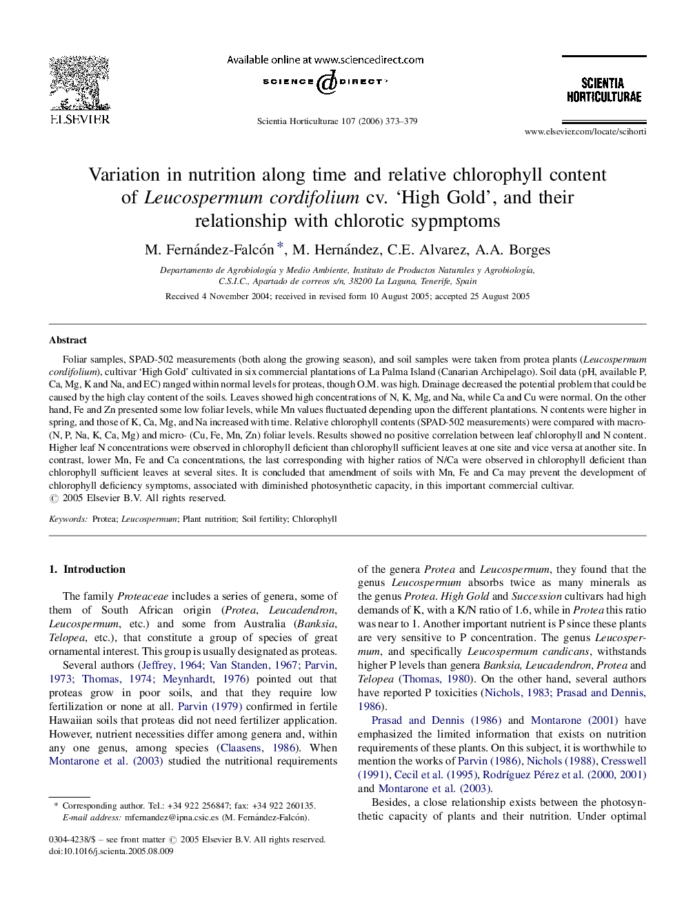 Variation in nutrition along time and relative chlorophyll content of Leucospermum cordifolium cv. ‘High Gold’, and their relationship with chlorotic sypmptoms