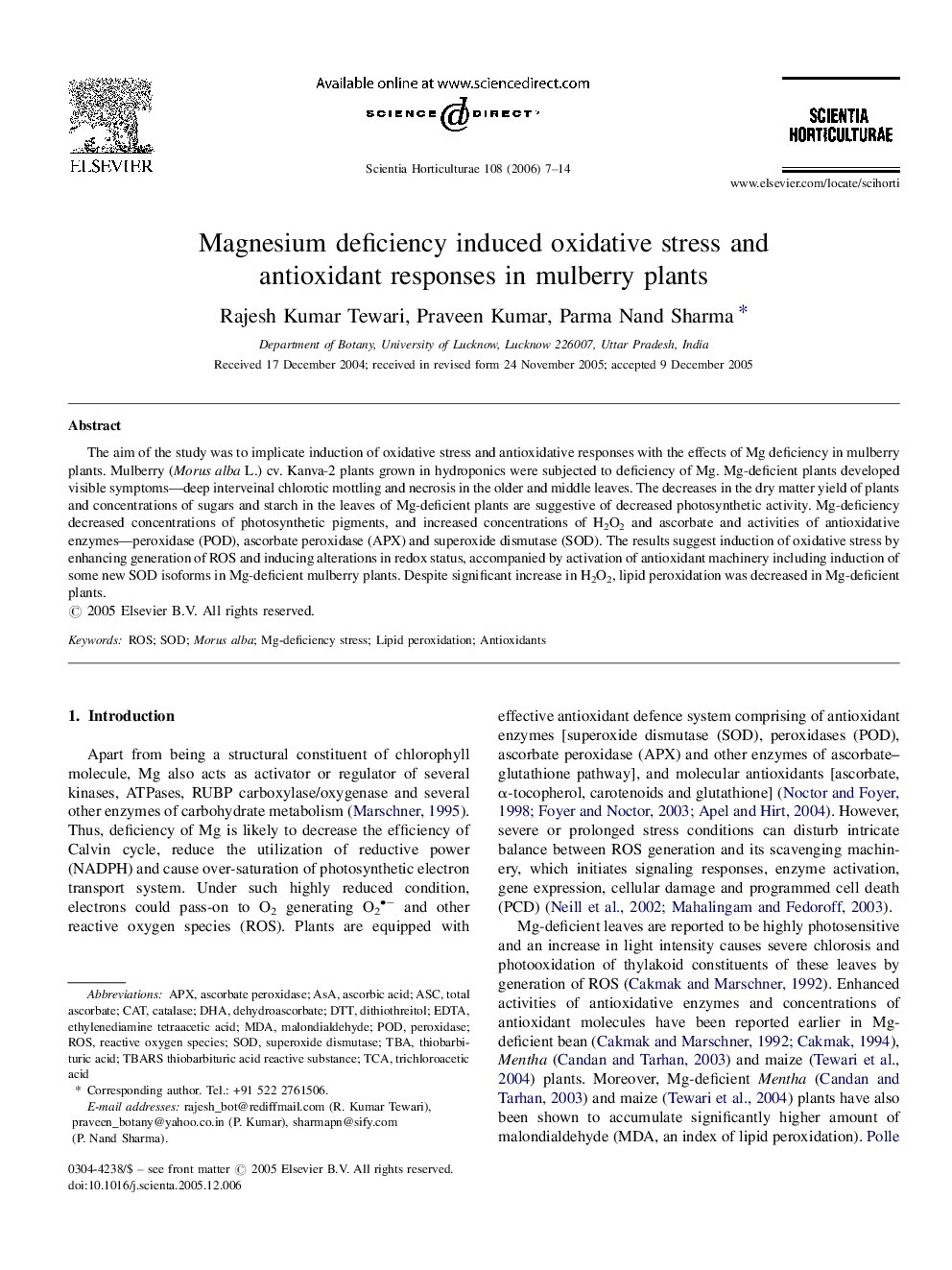 Magnesium deficiency induced oxidative stress and antioxidant responses in mulberry plants