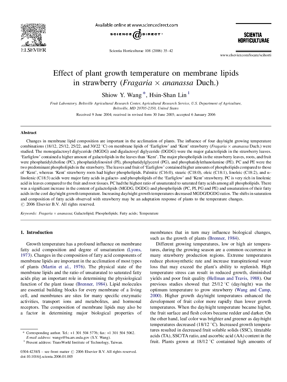 Effect of plant growth temperature on membrane lipids in strawberry (Fragaria × ananassa Duch.)