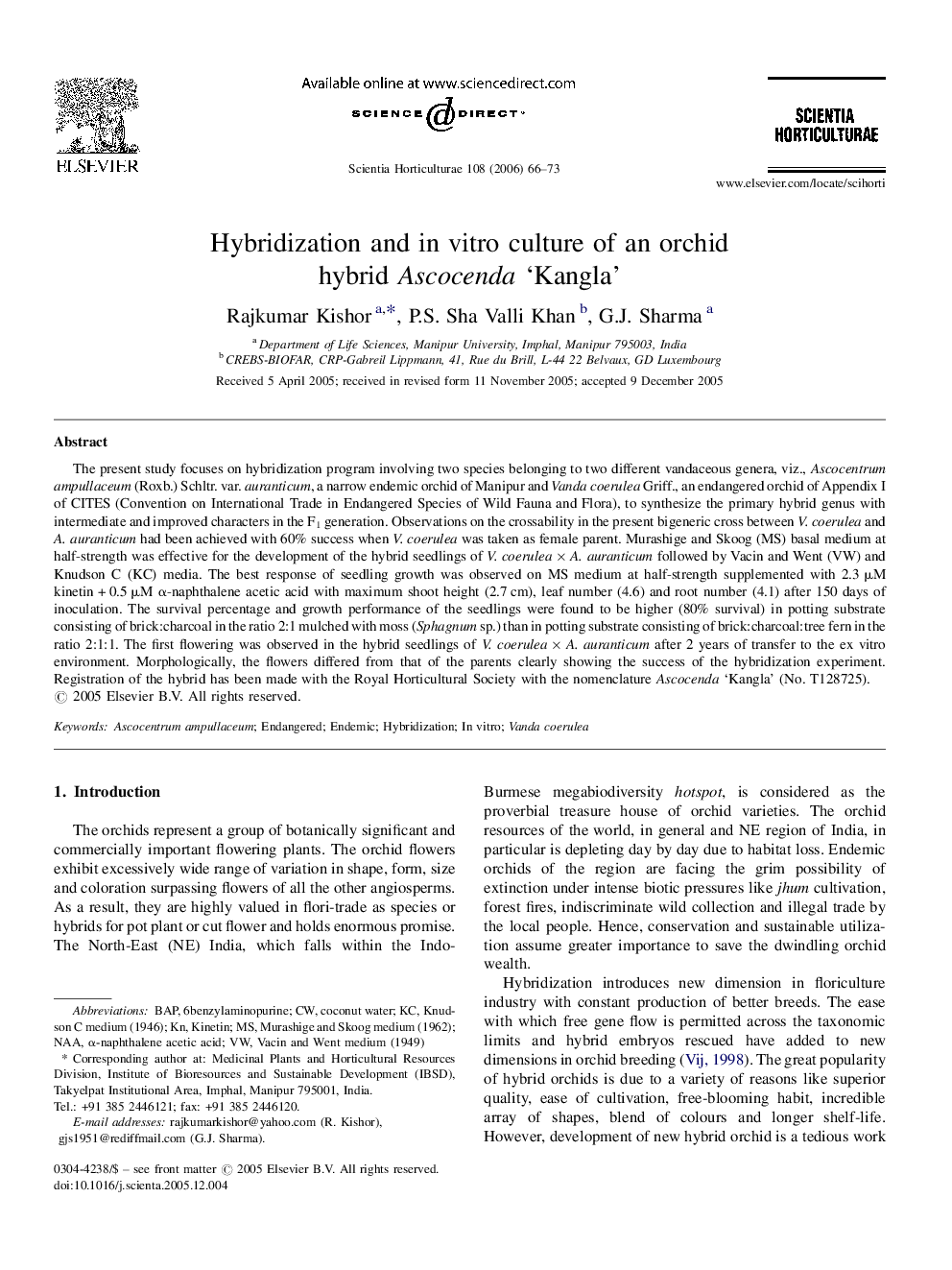 Hybridization and in vitro culture of an orchid hybrid Ascocenda ‘Kangla’