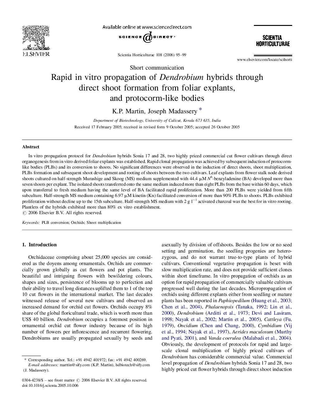 Rapid in vitro propagation of Dendrobium hybrids through direct shoot formation from foliar explants, and protocorm-like bodies