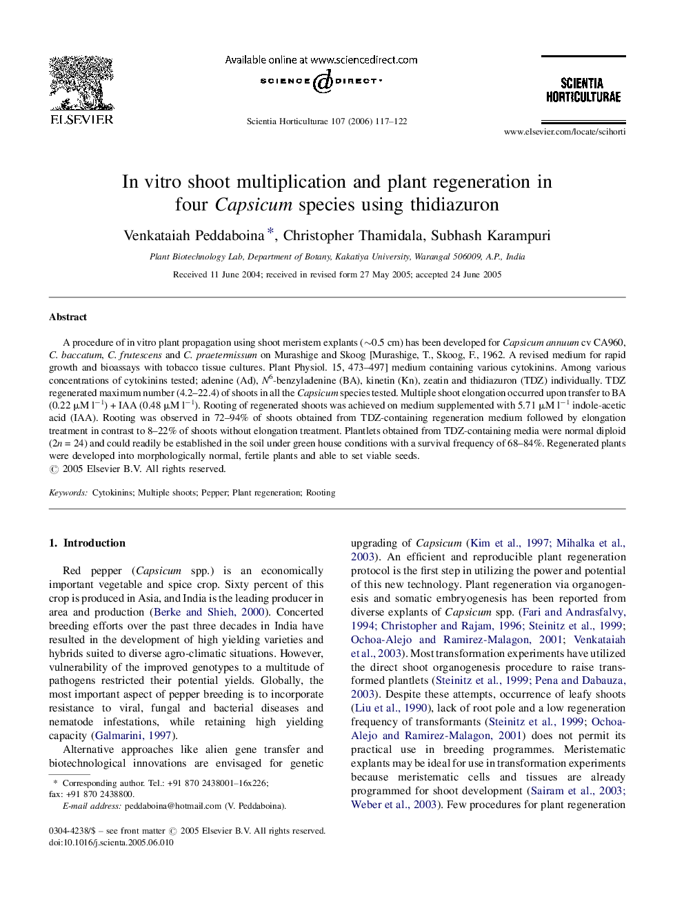 In vitro shoot multiplication and plant regeneration in four Capsicum species using thidiazuron