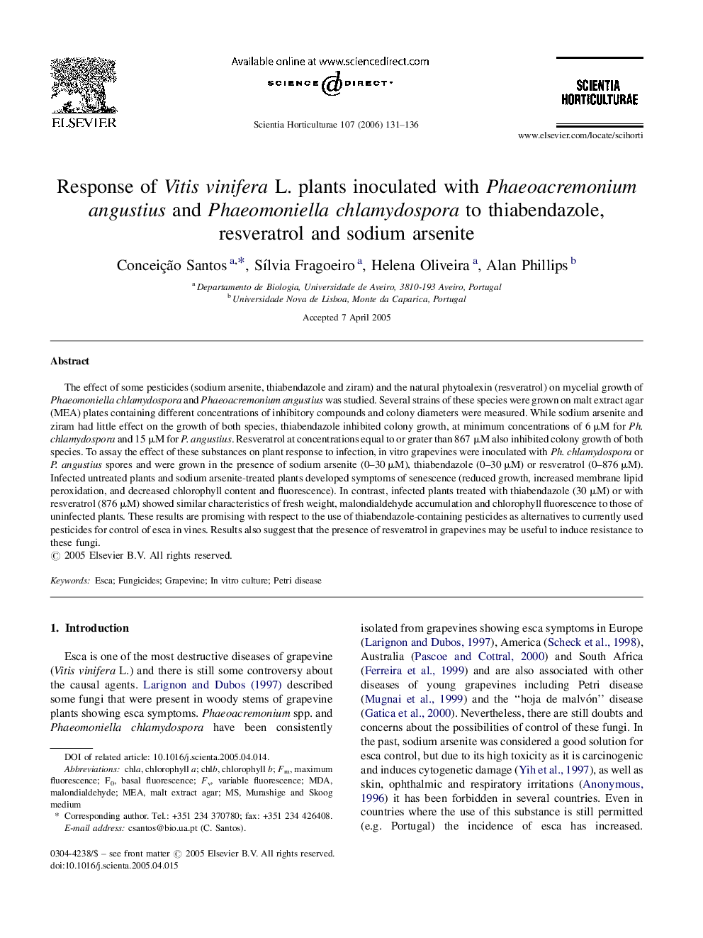 Response of Vitis vinifera L. plants inoculated with Phaeoacremonium angustius and Phaeomoniella chlamydospora to thiabendazole, resveratrol and sodium arsenite