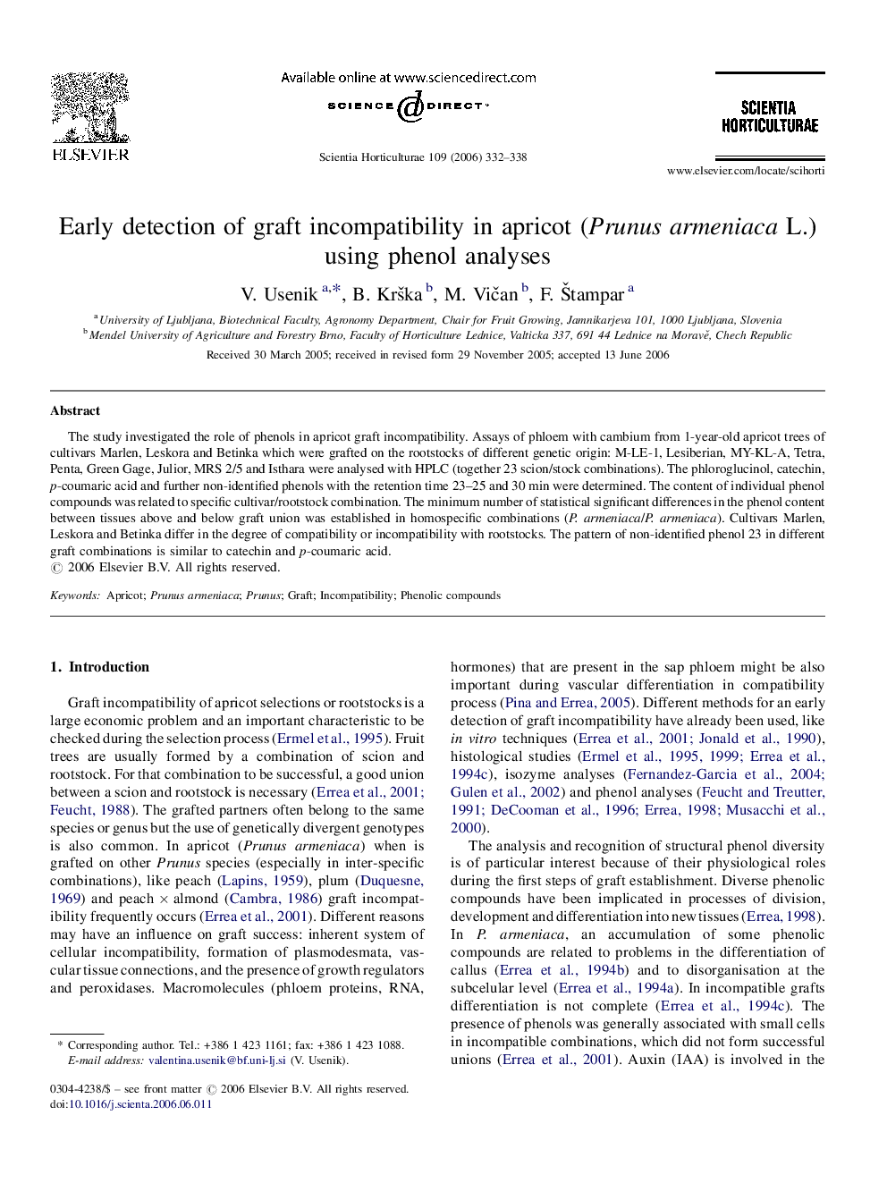 Early detection of graft incompatibility in apricot (Prunus armeniaca L.) using phenol analyses