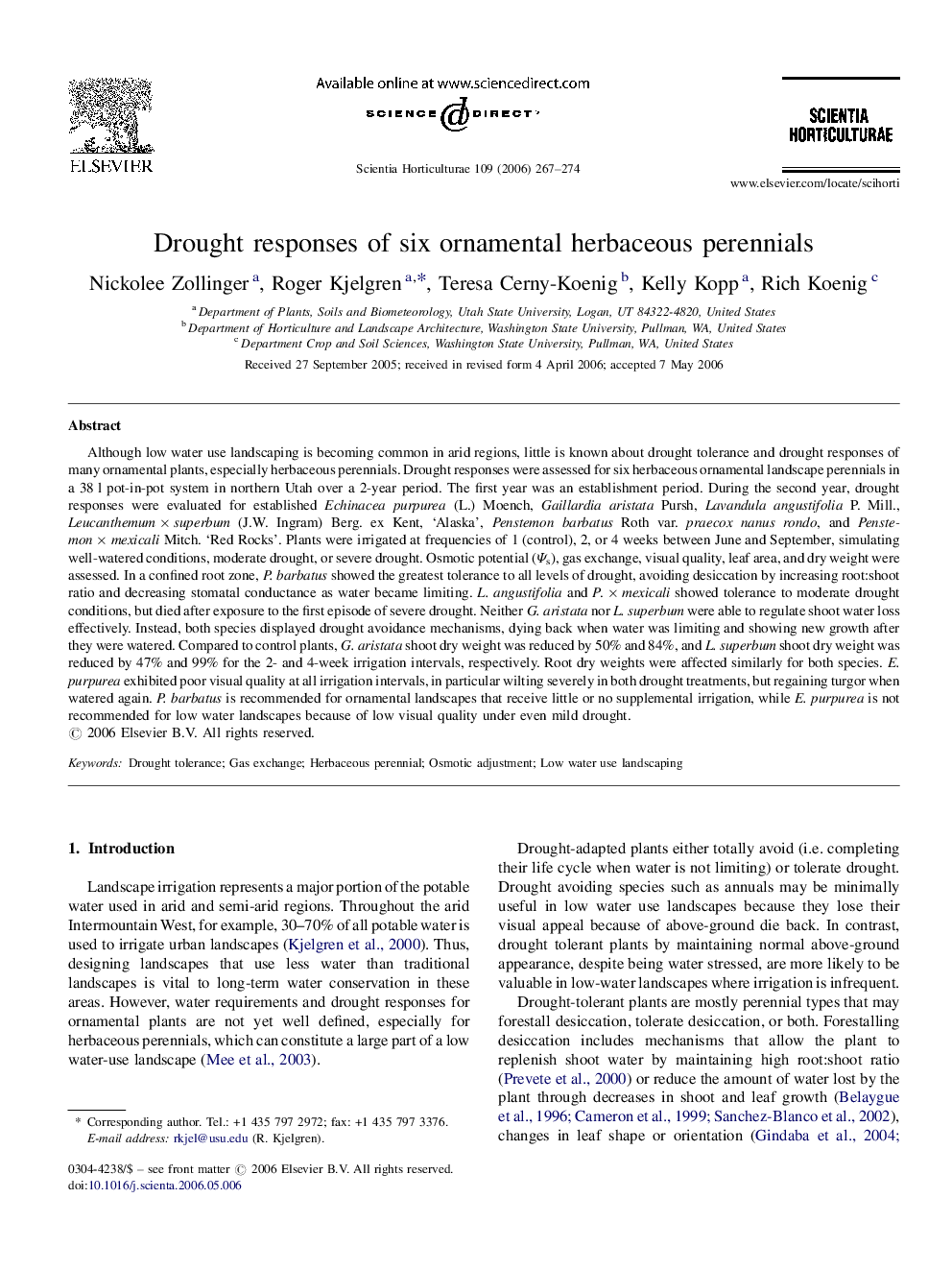 Drought responses of six ornamental herbaceous perennials