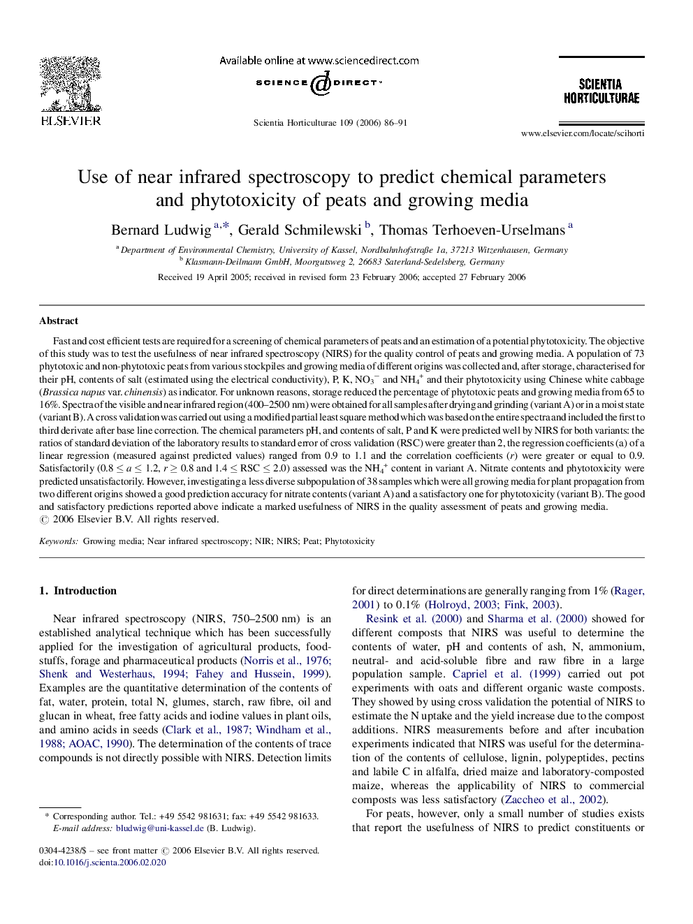 Use of near infrared spectroscopy to predict chemical parameters and phytotoxicity of peats and growing media