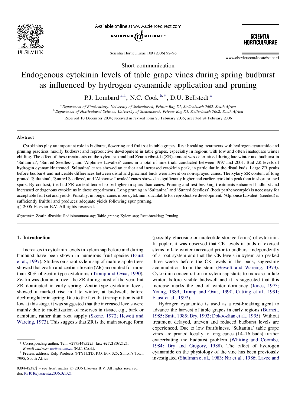 Endogenous cytokinin levels of table grape vines during spring budburst as influenced by hydrogen cyanamide application and pruning