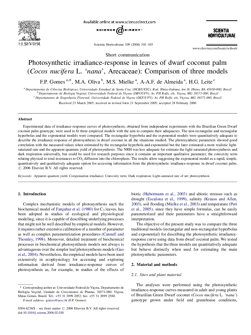 Photosynthetic irradiance-response in leaves of dwarf coconut palm (Cocos nucifera L. ‘nana’, Arecaceae): Comparison of three models