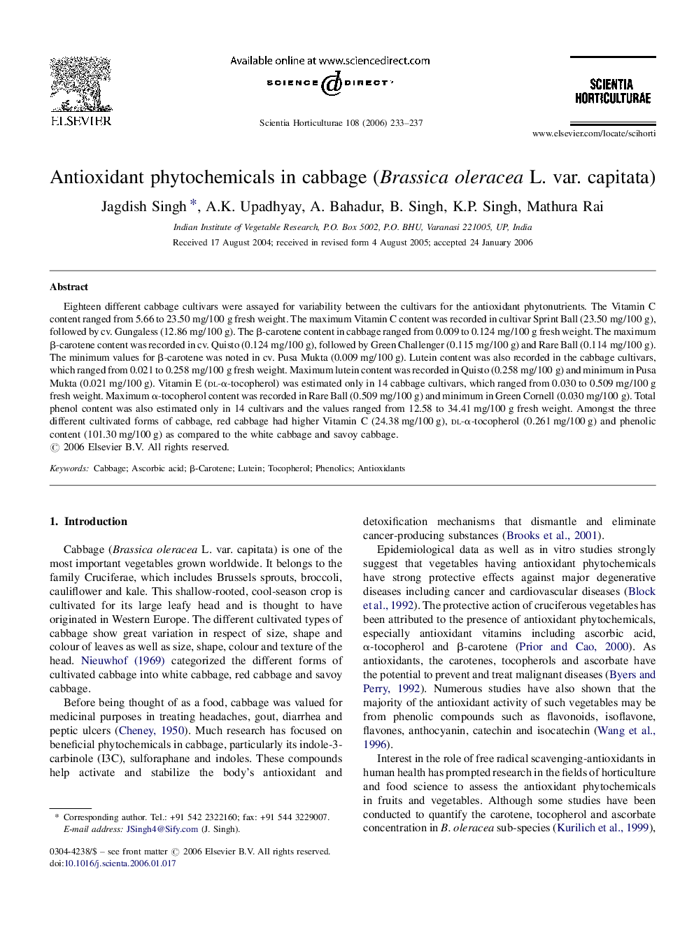 Antioxidant phytochemicals in cabbage (Brassica oleracea L. var. capitata)