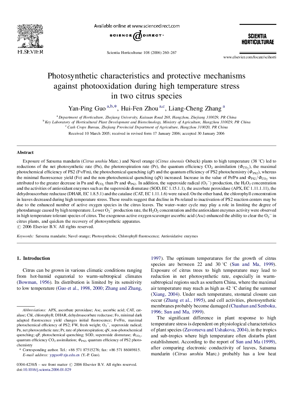 Photosynthetic characteristics and protective mechanisms against photooxidation during high temperature stress in two citrus species