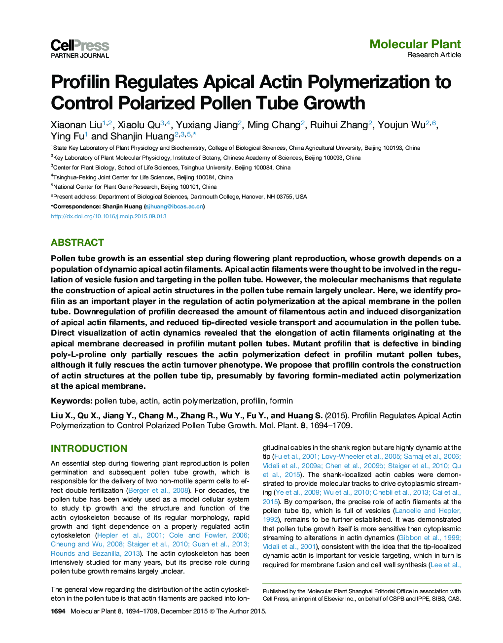 Profilin Regulates Apical Actin Polymerization to Control Polarized Pollen Tube Growth 