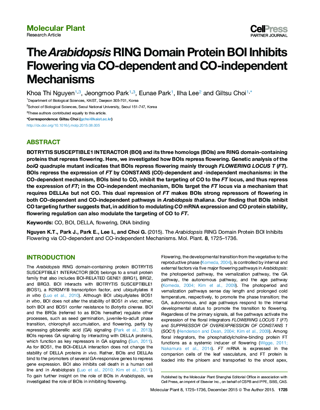 The Arabidopsis RING Domain Protein BOI Inhibits Flowering via CO-dependent and CO-independent Mechanisms 