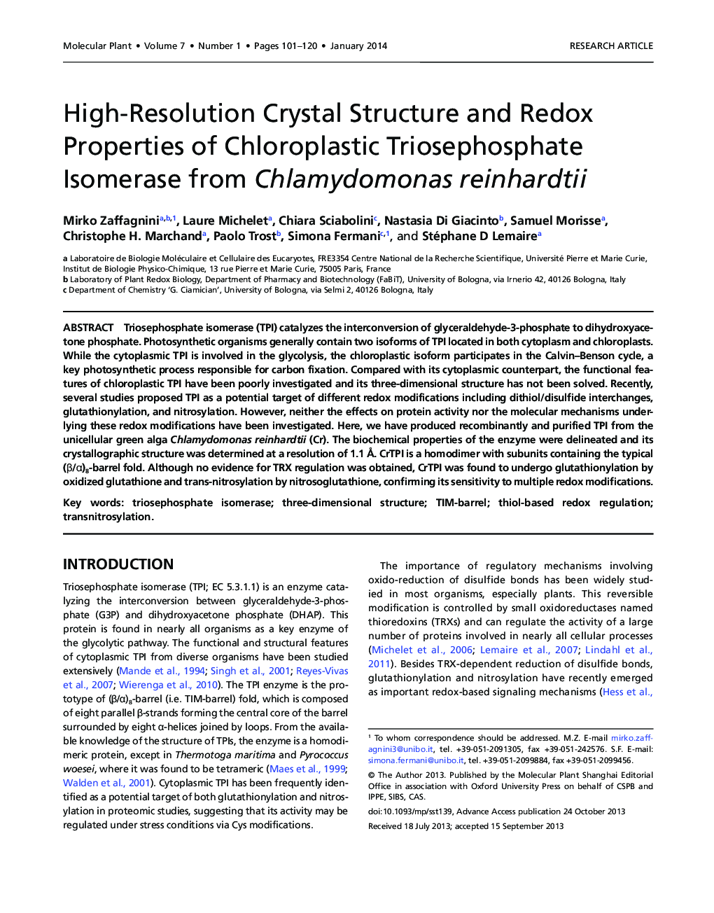 High-Resolution Crystal Structure and Redox Properties of Chloroplastic Triosephosphate Isomerase from Chlamydomonas reinhardtii 