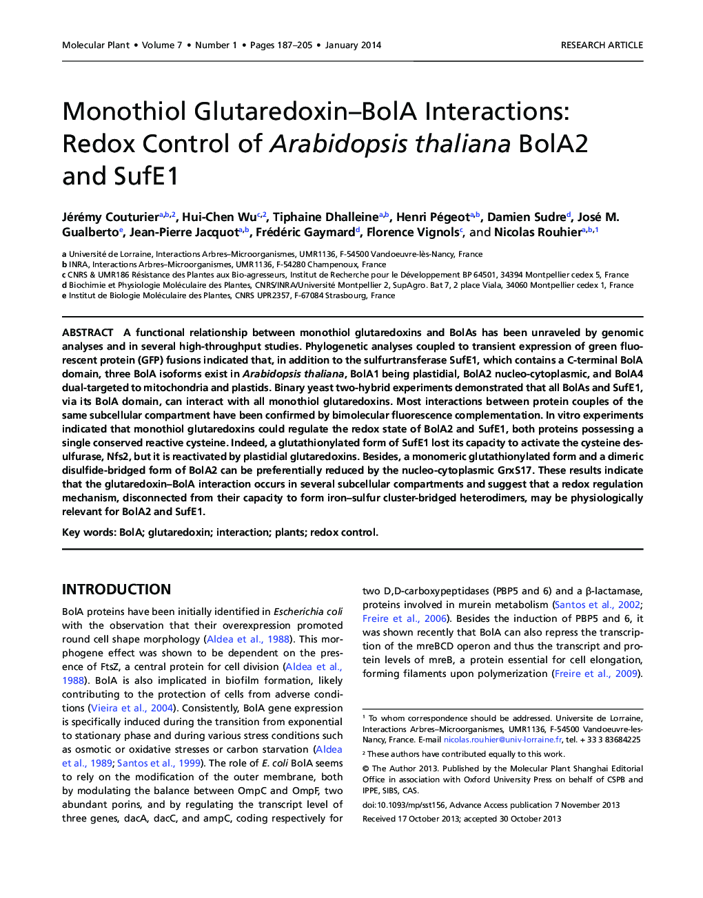 Monothiol Glutaredoxin–BolA Interactions: Redox Control of Arabidopsis thaliana BolA2 and SufE1 