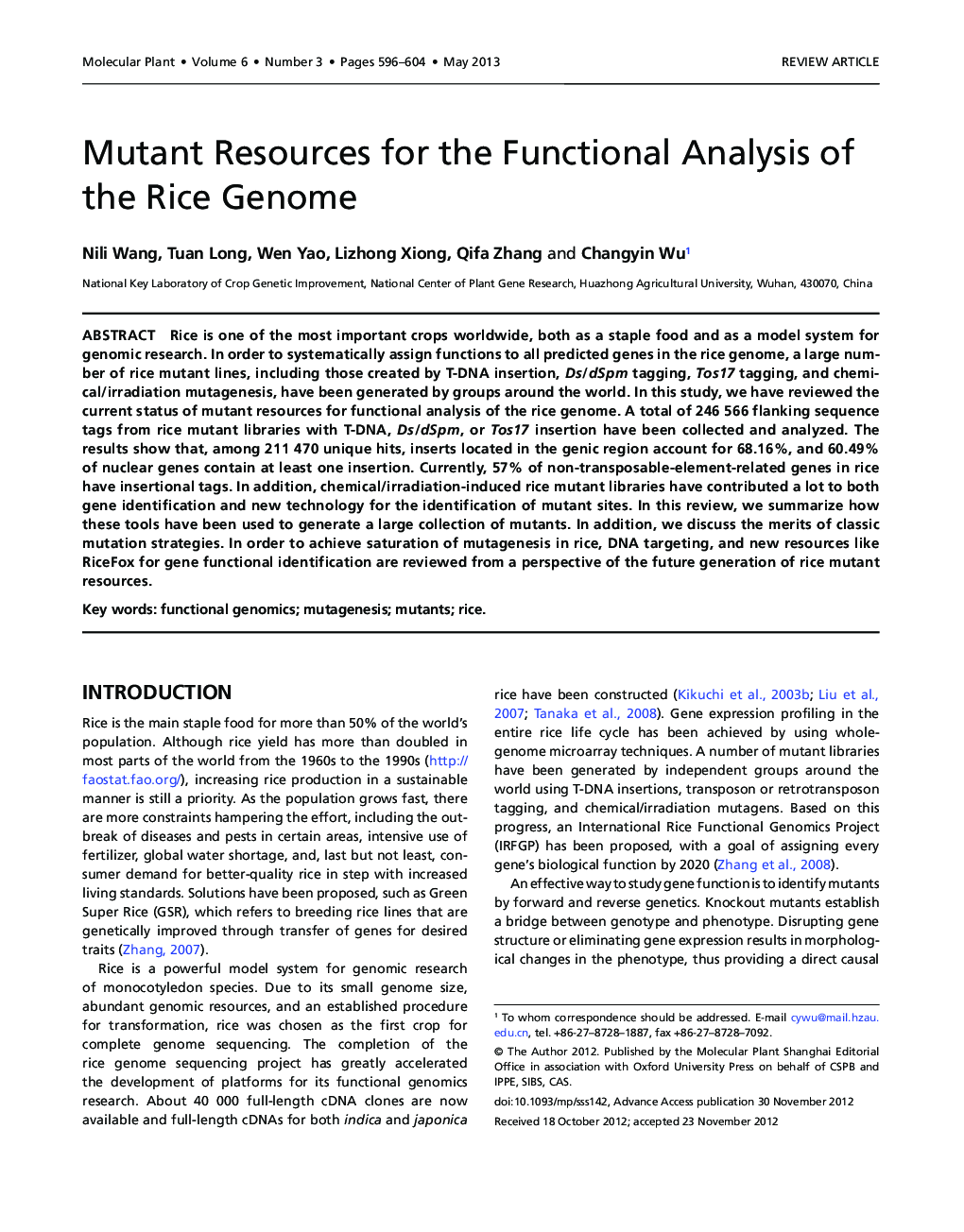 Mutant Resources for the Functional Analysis of the Rice Genome 