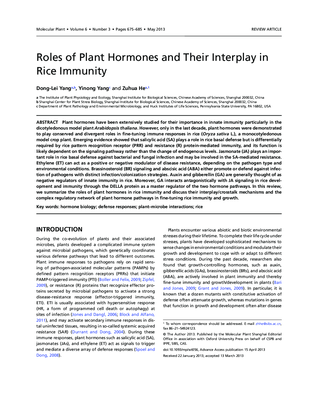 Roles of Plant Hormones and Their Interplay in Rice Immunity 