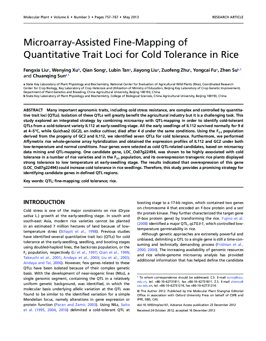 Microarray-Assisted Fine-Mapping of Quantitative Trait Loci for Cold Tolerance in Rice 